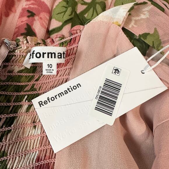 REFORMATION Nadira Tie Strap Midi Dress Floral Sweetheart Smocked Maxi Pink - Picture 13 of 16